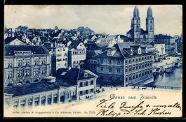Zürich, Stadtansicht mit Fluss und Kirc