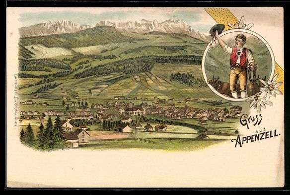 Cartes postales: Litho Appenzell, Ortsansicht mit Bergpan – D'occasion à Berlin par bartko-reher