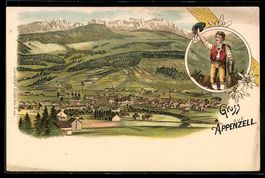 Litho Appenzell, Ortsansicht mit Bergpan