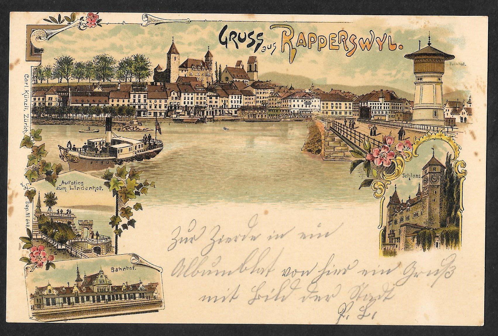 Ansichtskarten: Rapperswil farbige Lithografie 4 Bilder – Gebraucht aus Olten von clotaldi