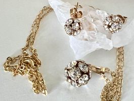 Vintage SchmuckSet vergoldet Strasskugeln–Kette & Ohrstecker