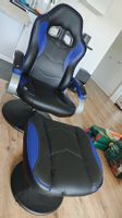Fernsehsessel Leder mit Fusshocker blau/schwarz