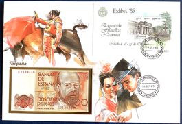 1985 Spanien Banknoten Brief mit  Block Briefmarken Ausst.