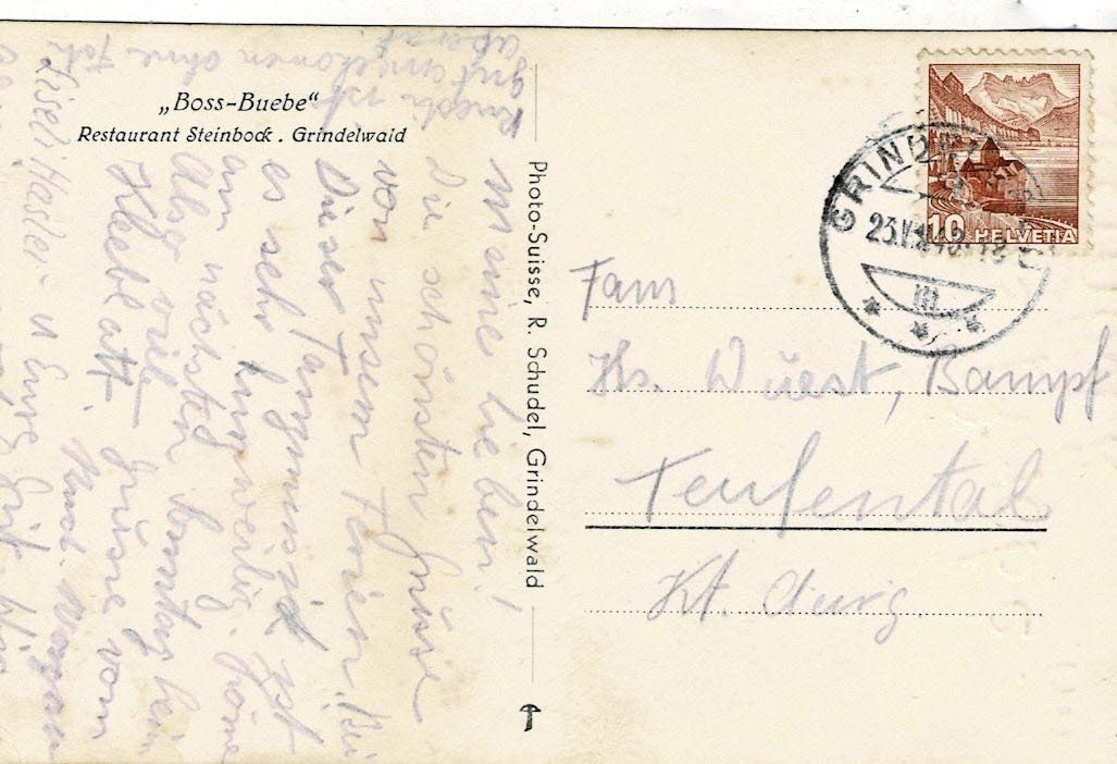 Ansichtskarten: Boss Buebe  im Restr,  Steinbock Grindelwald 1943 – Gebraucht aus Sulz AG von Oberdanne8