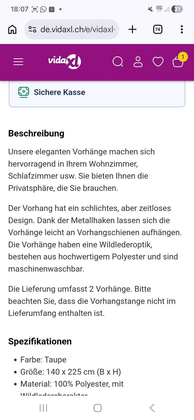 Tende: vorhäng 140cm x225cm beige – Nuovo e nell'imballaggio originale da Urtenen-Schönbühl venduto da ger_lv75 4
