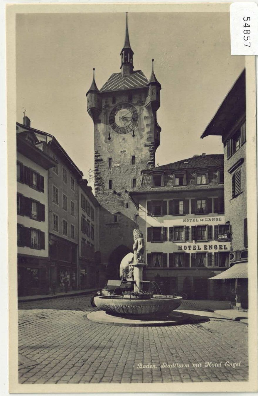 Cartoline postali: Baden - Stadtturm mit Hotel Engel – Usato da Ettingen venduto da Kartenplanet