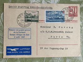 Erster Postflug Schweiz-Südafrika,3.8.47!Frankiert mit F.29!