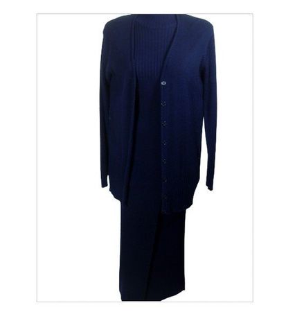 Strickkleid, Twin-Set, 3-teiliges Wollkostüm, d'blau, Gr. M