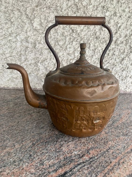 Türkische Kupfer-Teekanne Mit Holzgriff - Vintage Teekanne Für Herd Mit Blumenmuster