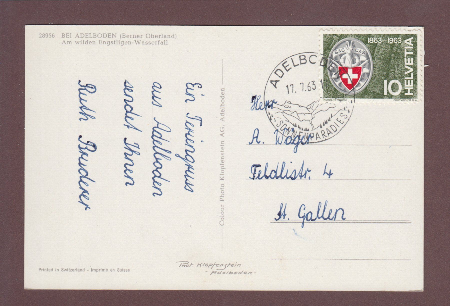 Cartoline postali: Bei Adelboden - ENGSTLIGEN WASSERFALL - 1963 – Usato da Pully venduto da nicecards 1