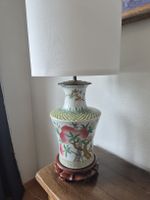 Vintage Oriental Lamp with Peach Design inc. wooden stand