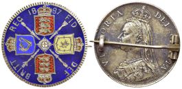 Großbritannien, Brosche 1887, emaillierter Silberflorin