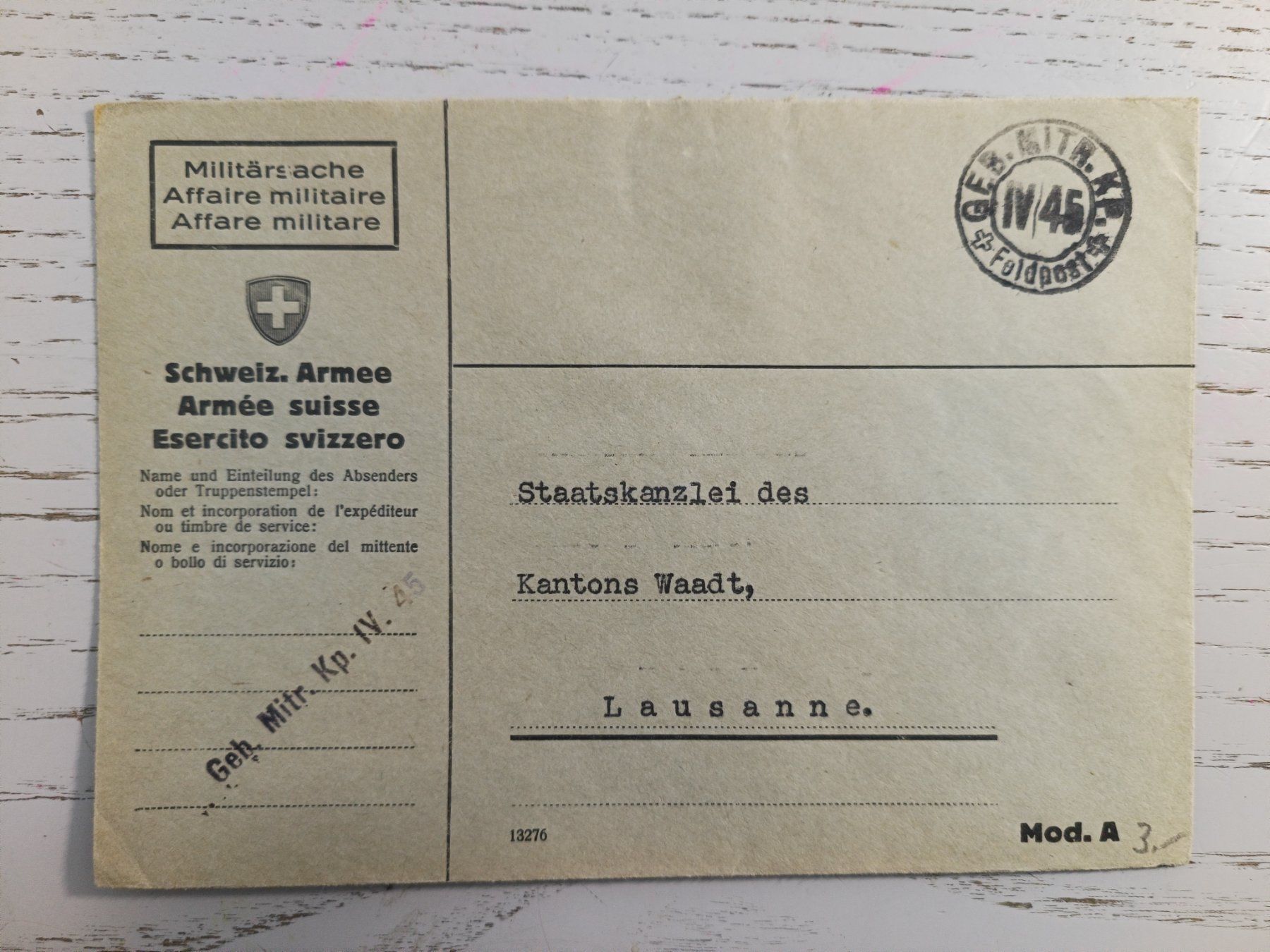 Alle Briefmarken: Feldpost Couvert GEB.MITR.KP – Neu (gemäss Beschreibung) aus Dübendorf von goeggi79