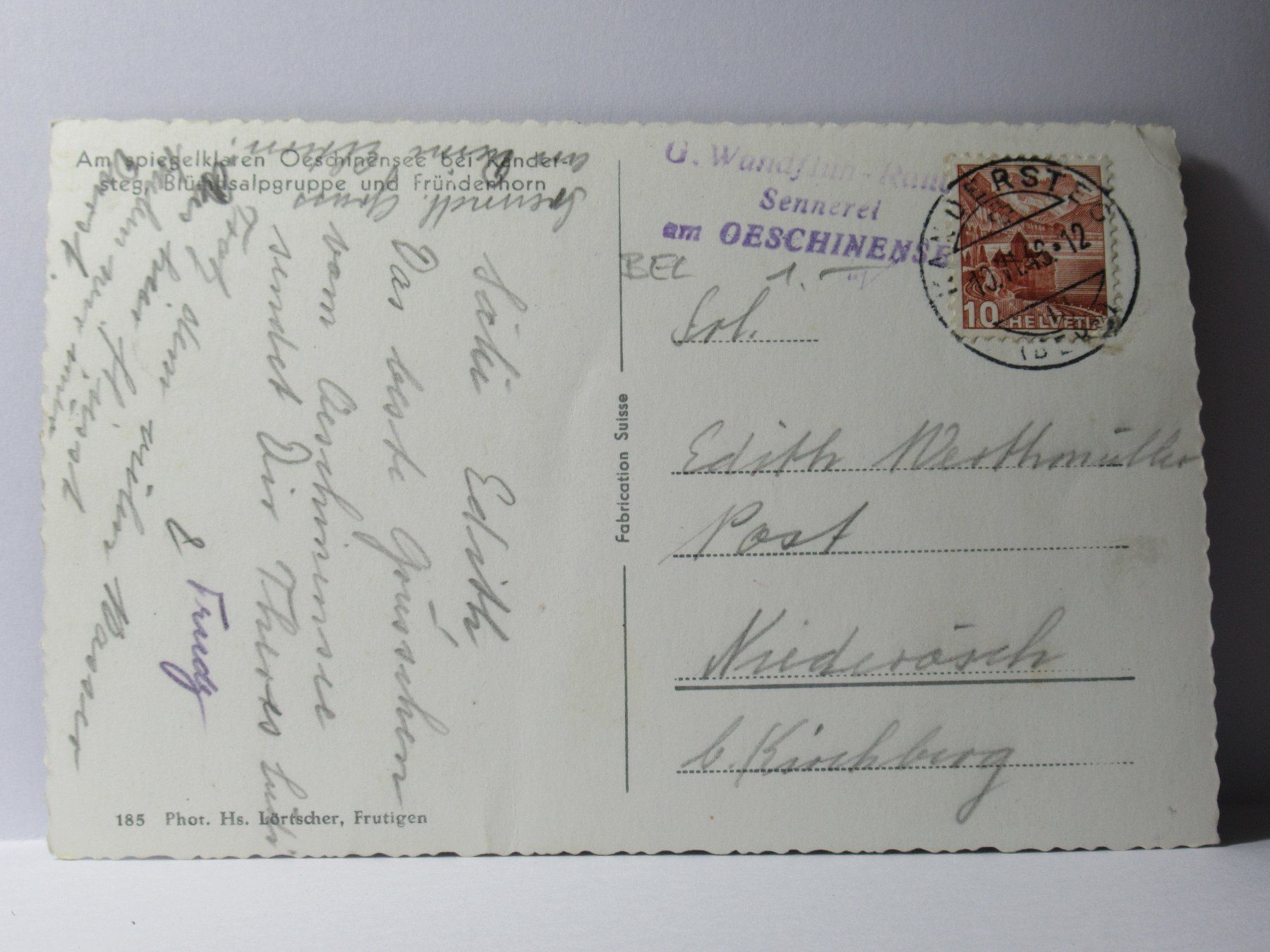Ansichtskarten: Oeschinensee ,  Blümlisalp 1946 – Gebraucht aus Grenchen von Bluemchen1900 1