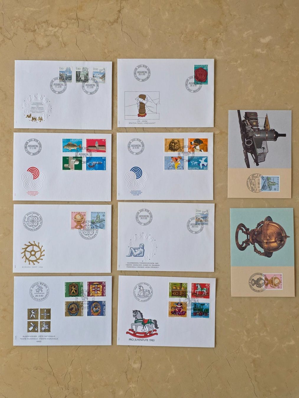 Tutti i francobolli: 8 Ersttagsbriefe FDC + 2 Maximumkarten Schweiz, Jahr 1983 – Usato da Feusisberg venduto da ajjcrf44