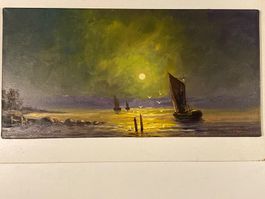 Landschaftsgemälde signiert mit Boot an Küste, tiefer Sonne