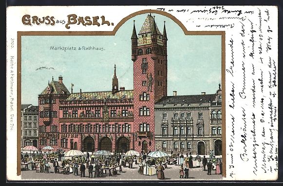 Ansichtskarten: Litho Basel, Marktplatz und Rathaus – Gebraucht aus Berlin von bartko-reher