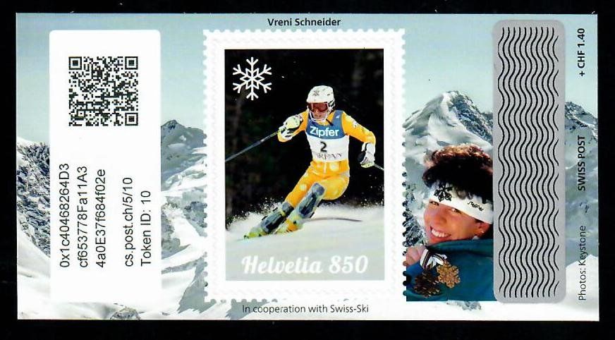 Tutti i francobolli: Swiss Crypto Stamp 5.0, Token 10, Vreni Schneider – Usato da Adliswil venduto da Micoculier