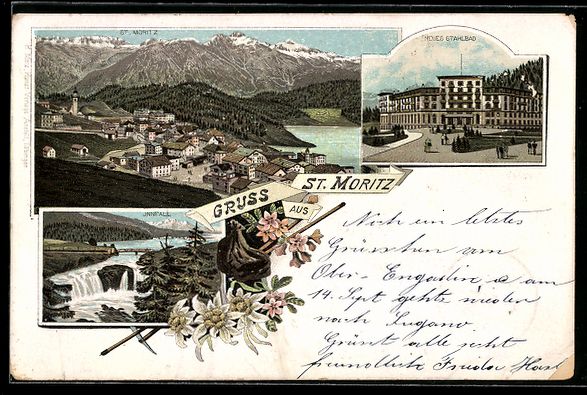 Cartoline postali: Litho St. Moritz, Neues Stahlbad, Innfal – Usato da Berlin venduto da bartko-reher