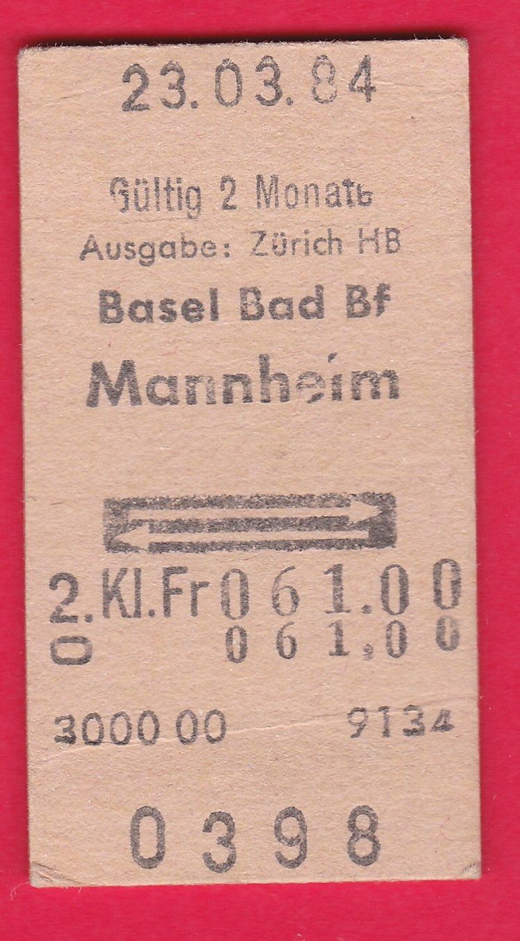 Billets: KARTON BILLETT, BASEL BAD BF - MANNHEIM, 2.KLASSE, RETOUR – D'occasion à Oberrieden par Gebirgsstelze