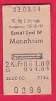 KARTON BILLETT, BASEL BAD BF - MANNHEIM, 2.KLASSE, RETOUR