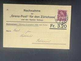 Nachnahme Karte Abo Grenz-Post Zürisee 1923 (V861)