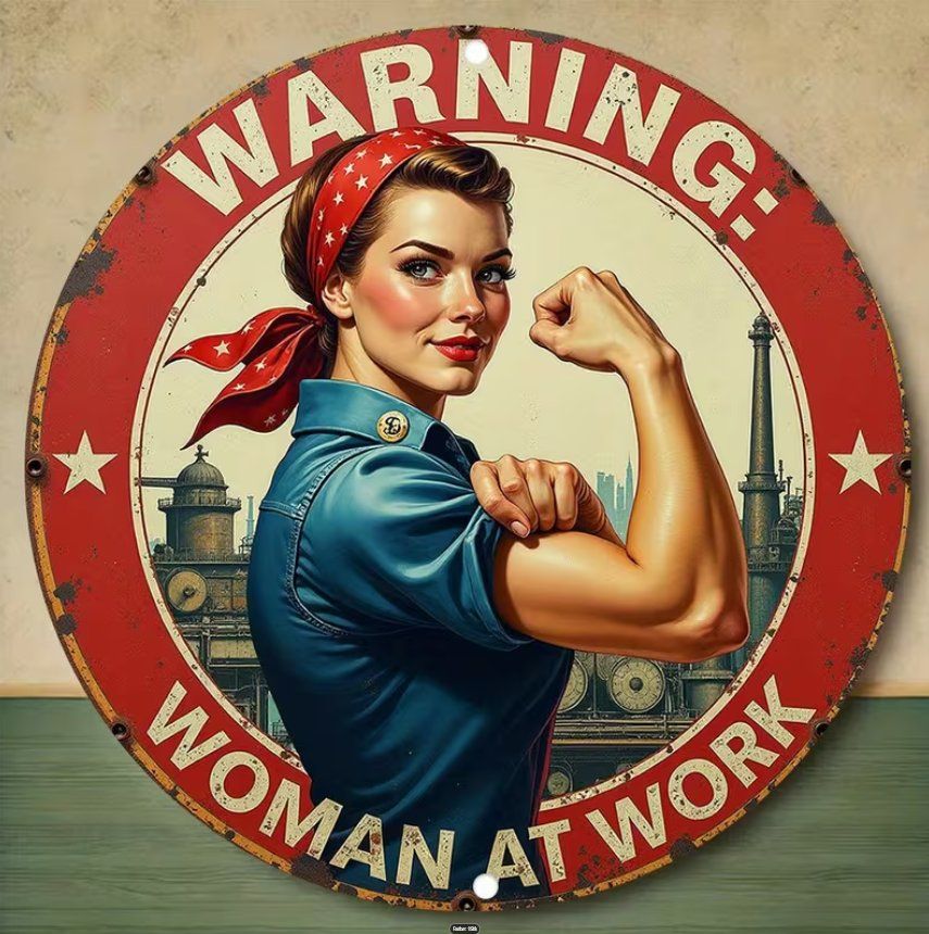 Insegne: Schild Vintage "Warning Womant at work" – Nuovo e nell'imballaggio originale da Gerlafingen venduto da Tsuru