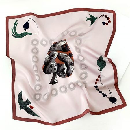 New 53cm Silk Scarf Heart and Bird Print Taupe Burgundy