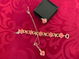 Sommerliches Schmuckset, Koralle-Look, Halskette, Ring,Ar...