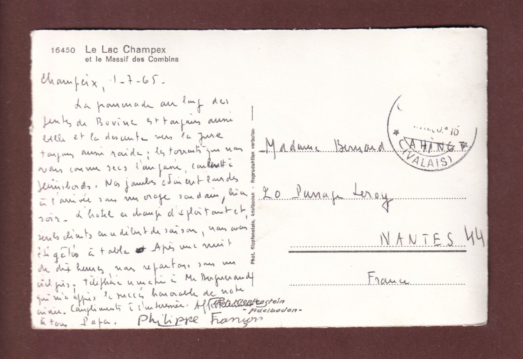 Cartes postales: LAC CHAMPEX - Massif des Combins - 1965 – D'occasion à Pully par nicecards-shop 1