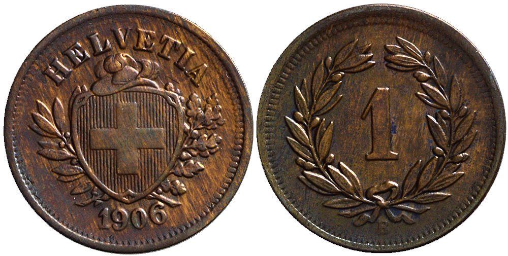 Alle Münzen: 1 Rappen 1906 (AA) – Gebraucht aus Chiasso von Novamarketing