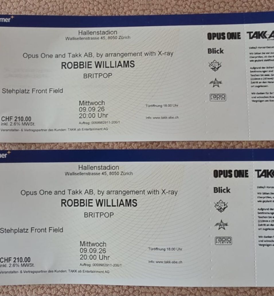 Billets: Robbie Williams 9.9.26 - 2 Tickets – Neuf (Voir description) à Seuzach par nicbue