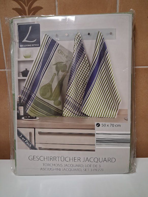 Alle Dekorationen: Torchons Jacquard, lot de 3 "olive" – Neu und originalverpackt aus Genève von Bell-47
