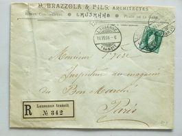 R - Brief 1908, LAUSANNE nach PARIS, 50Rp. st.HELVETIA