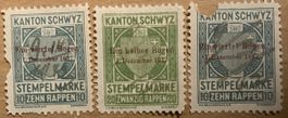 3 Fiskalmarken Kanton Schwyz Stempelmarken 1937