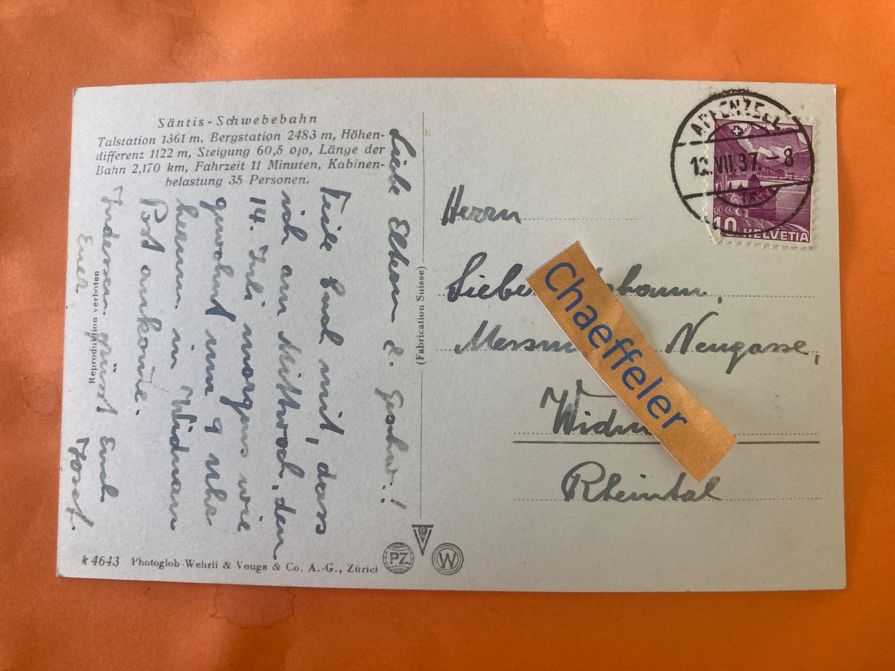 Cartoline postali: Restaurant & Talstation der Säntis-Schwebebahn auf Schwägalp – Usato da Zürich venduto da Chaeffeler 1