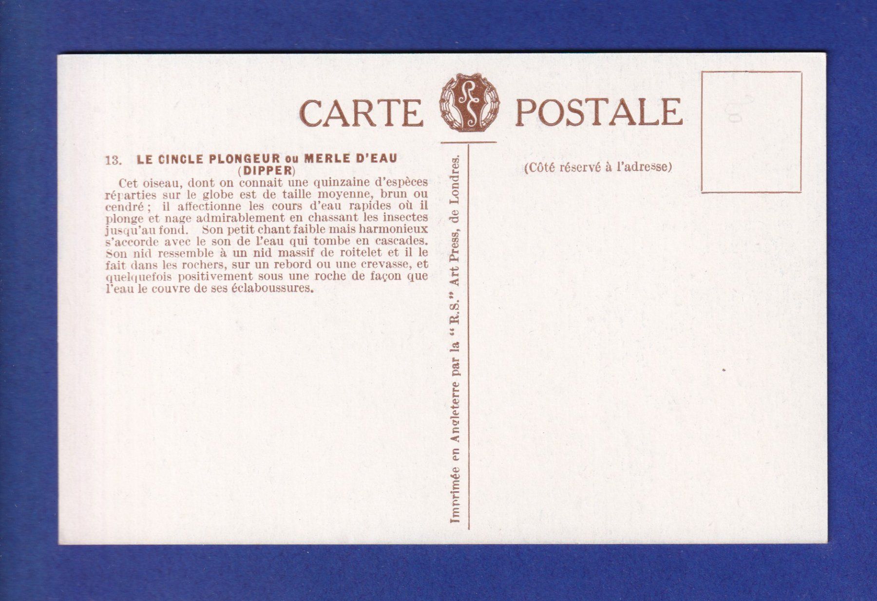 Cartoline postali: OISEAU - Cingle plongeur – Usato da Pully venduto da nicecards-shop 1