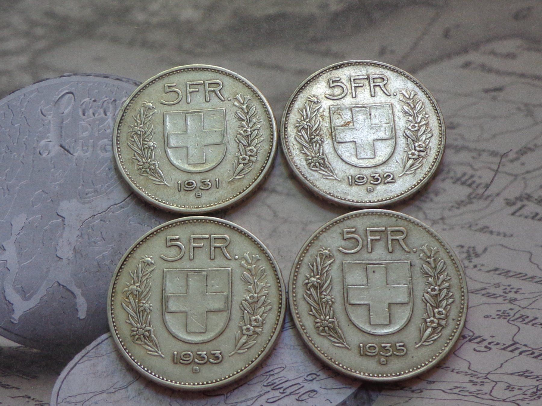 Tutti le monete: 4 x 5 Fr. 1931-1932-1933-1935 – Usato da Pully venduto da UCA01