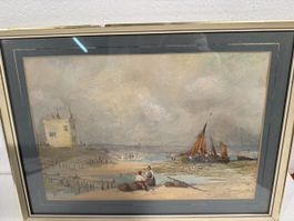 Tableau ancien, scène de plage ensoleillée