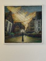 Oil Painting Cityscape Street Lamp Sunset Buildings 40x40cm