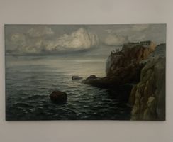 Gemälde Küstenlandschaft mit Felsen und Personen signiert