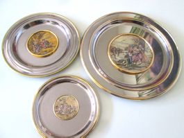 3 Edelstahlteller mit vergoldeter 925 Silberverzierung