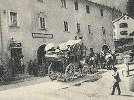 Gruss vom SIMPLON-DORF: 2Bild-AK mit Post Postkutsche ~1910