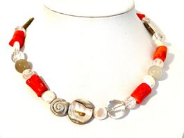 Coral, Abalone & Pearl Necklace - Sterling Silver