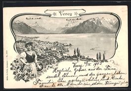 Vevey, Ortsansicht mit Dame in Tracht im