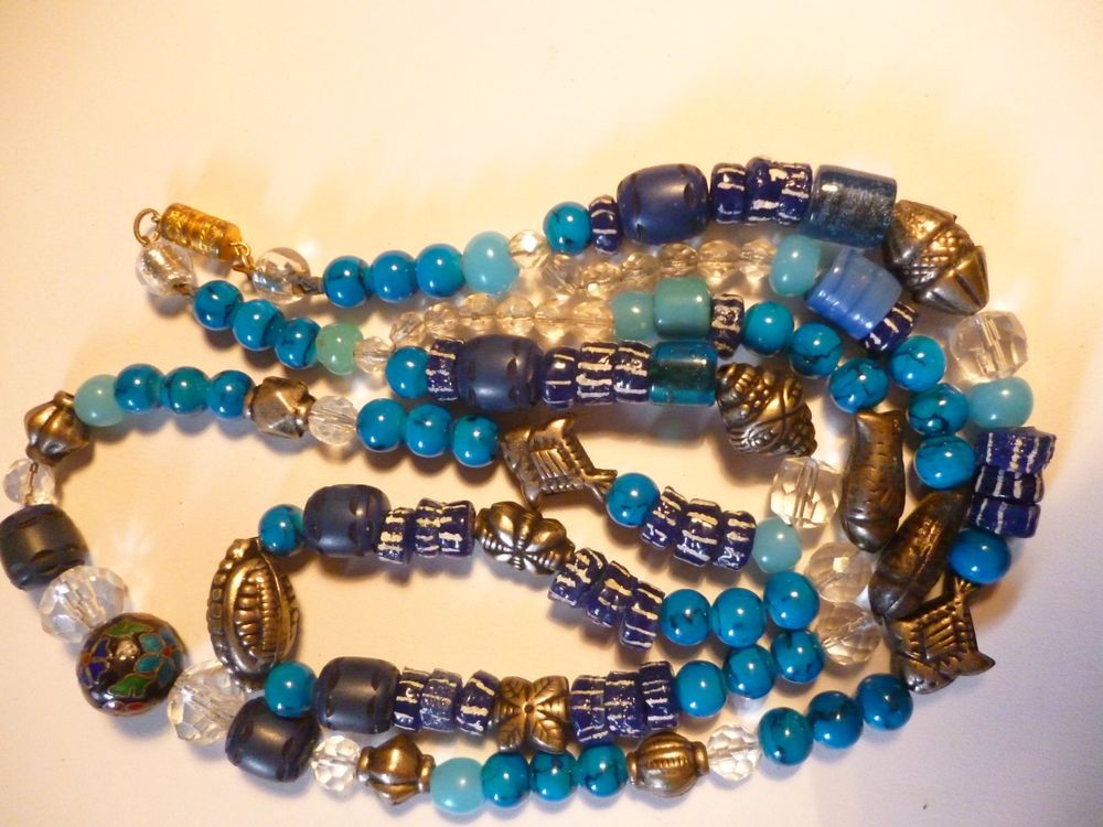 Collier 2 rangs perles en verre et métal et autres, ethnique (D ...
