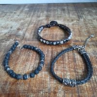 3 Armbänder Set Perlen, Lava, geflochten, Silberoptik