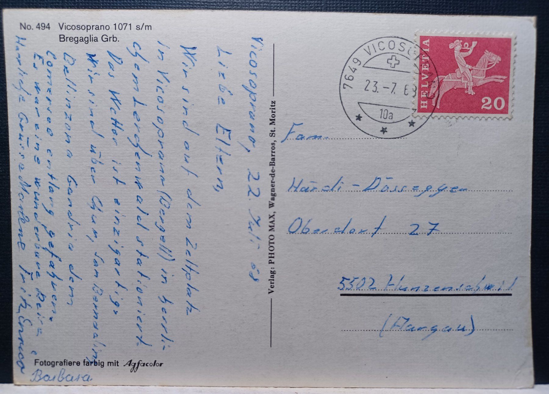 Cartoline postali: Vicosoprano GR, 1968 – Usato da Aarau Rohr venduto da mgvw 1