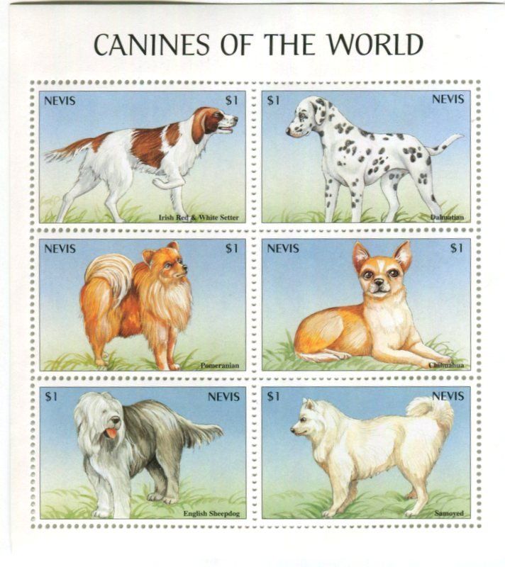 Tutti i francobolli: Block "Dalmatiner, Irish Setter, Bobtail, Samojede". Nevis – Nuovo e nell'imballaggio originale da Basel venduto da Butsch5
