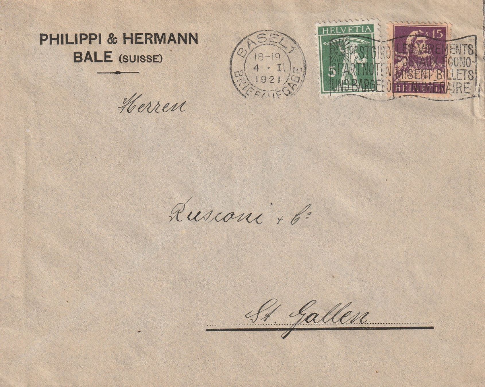 Tutti i francobolli: Schweiz-Brief Basel-Mischfrankatur 1921 – Usato da uttwil venduto da Koehlerfred